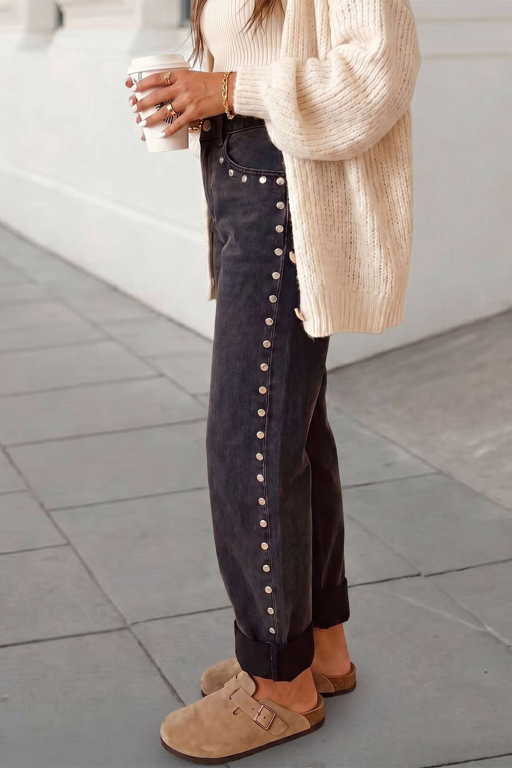 Solid Studded Detail Straight Leg Loose Jeans