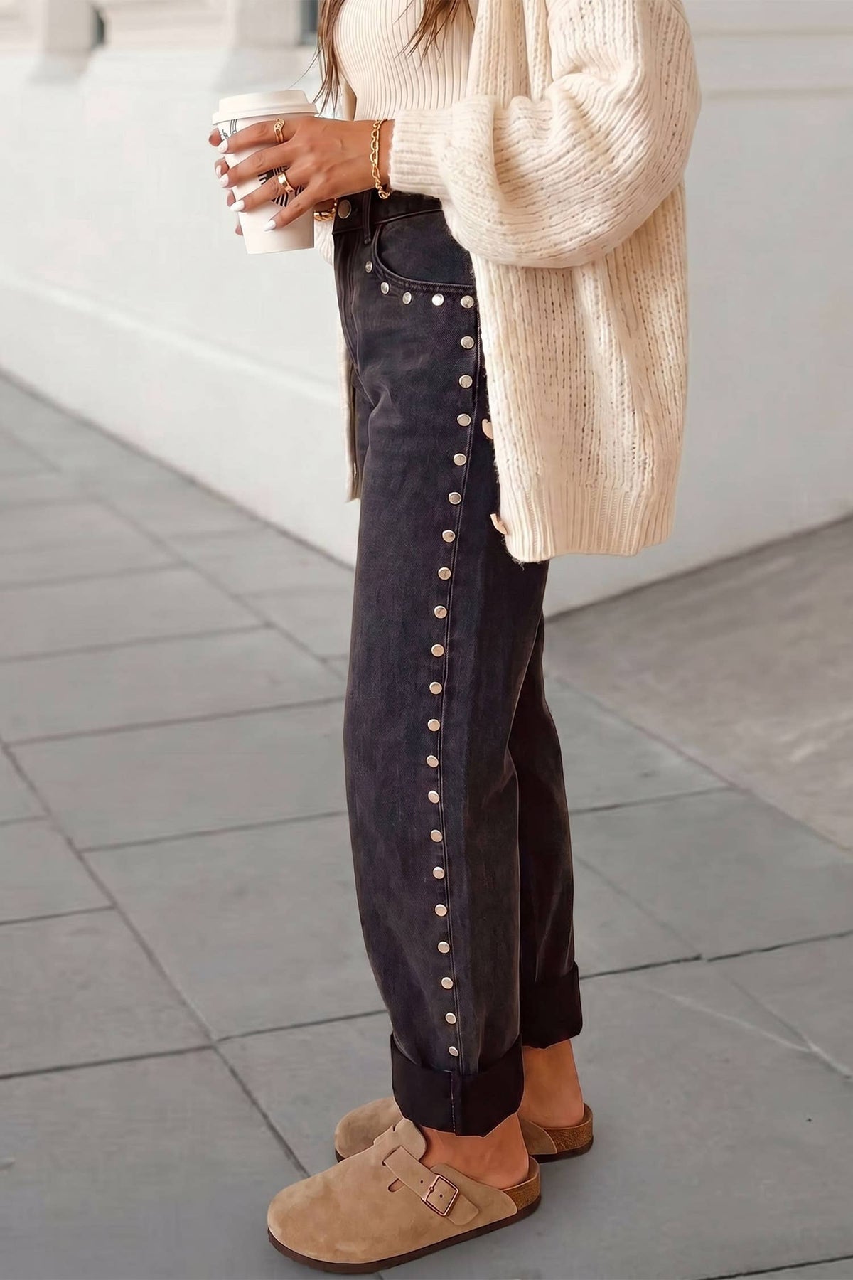 Solid Studded Detail Straight Leg Loose Jeans