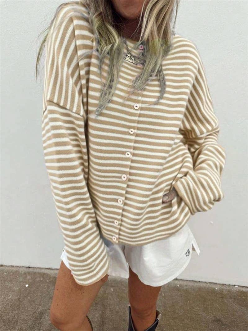 Boxy Rolled neck drop shoulder button up cardigan in striped