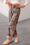 Camo Print Studded Straight Loose Jeans