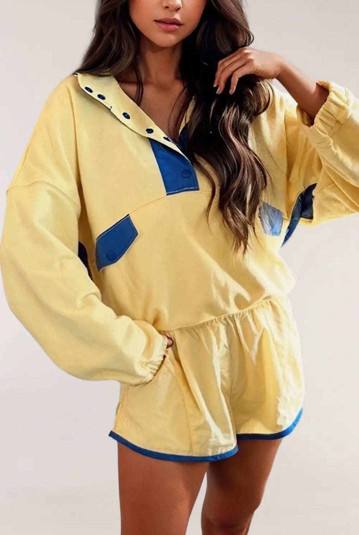 Color Block Half Button Pullover Set