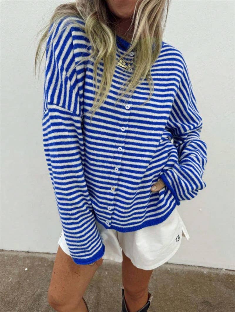 Boxy Rolled neck drop shoulder button up cardigan in striped