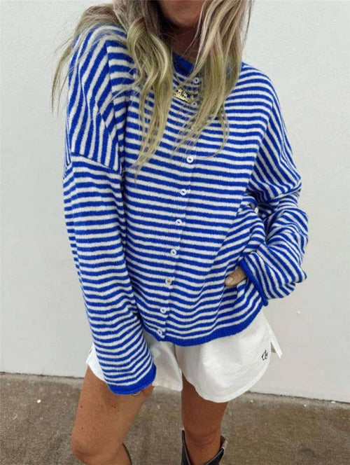 Boxy Rolled neck drop shoulder button up cardigan in striped
