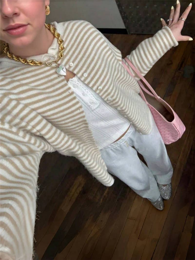 Boxy Rolled neck drop shoulder button up cardigan in striped